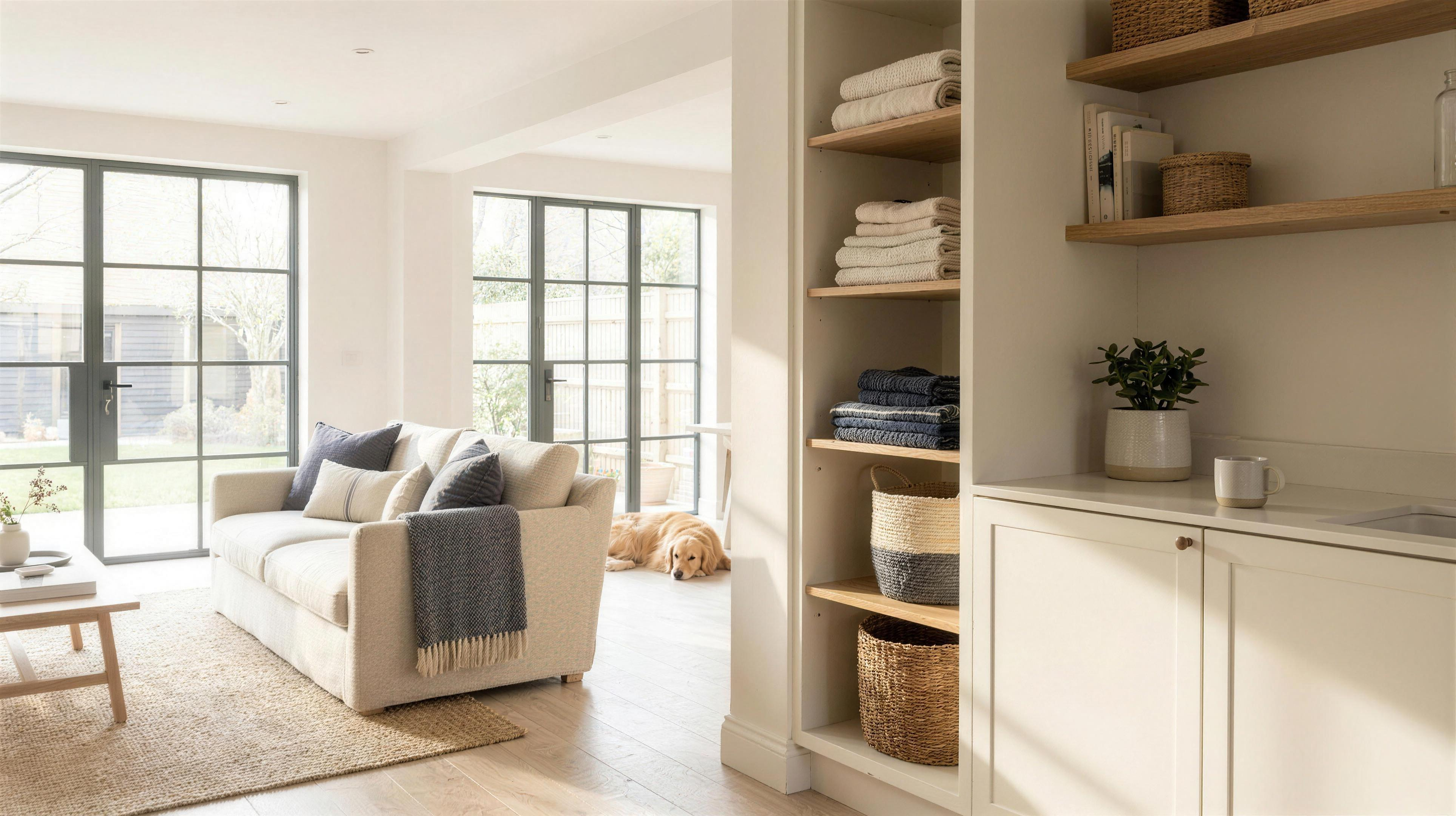 Bright tidy modern home interior with organised shelving
